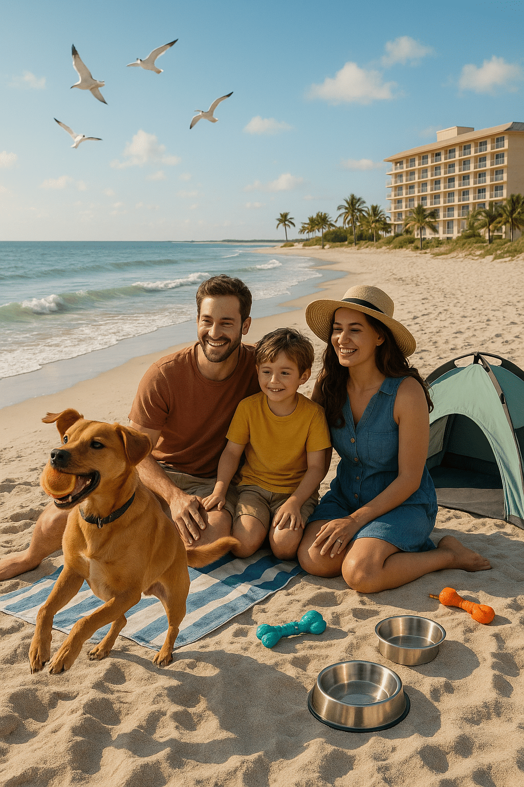Family enjoying a sunny beach with their dog during pet friendly vacations