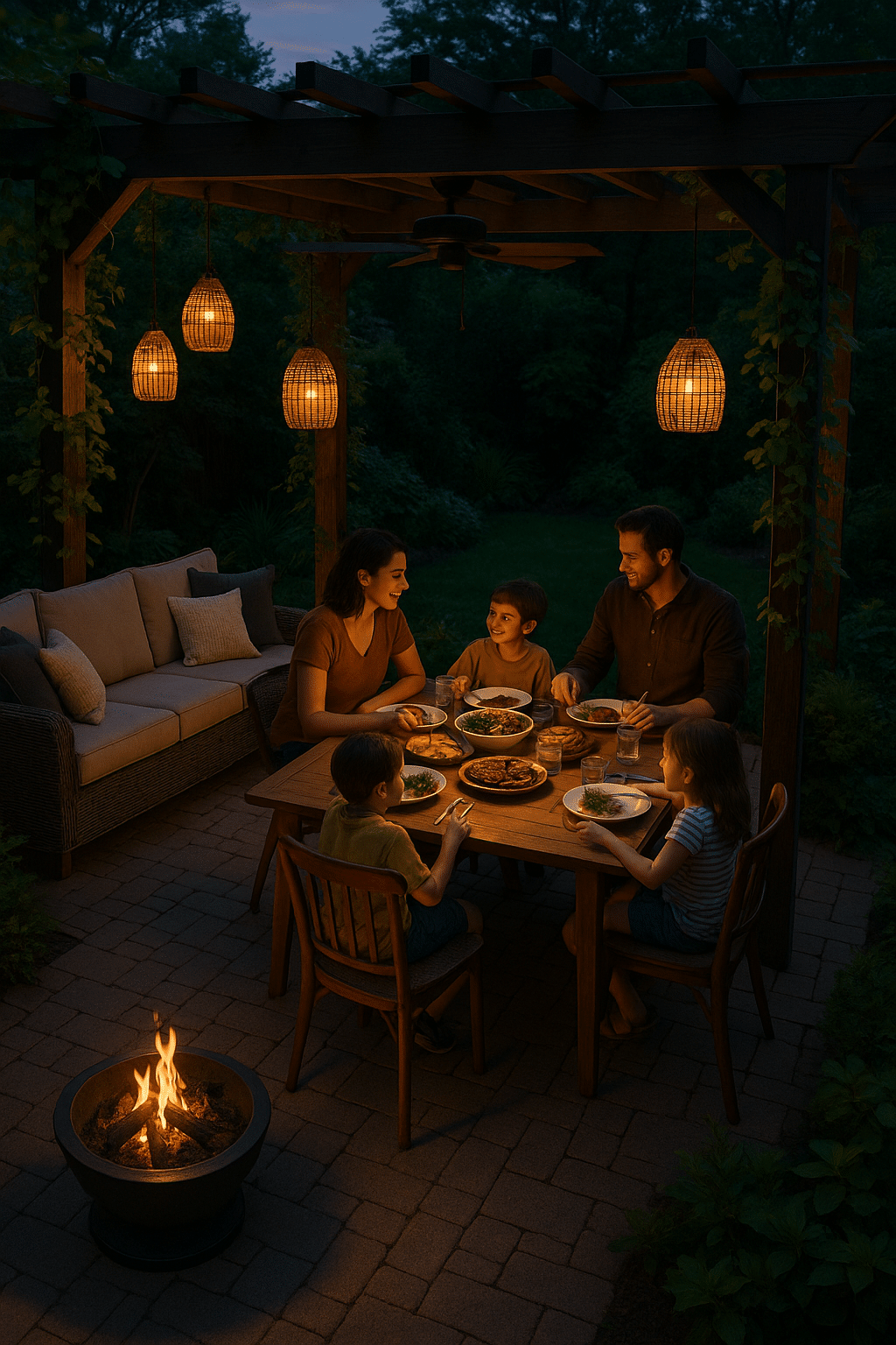 Family enjoying backyard pergola ideas with cozy lighting and outdoor dining setup at dusk