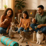 Family enjoying cat enrichment ideas with diverse breeds playing happily indoors