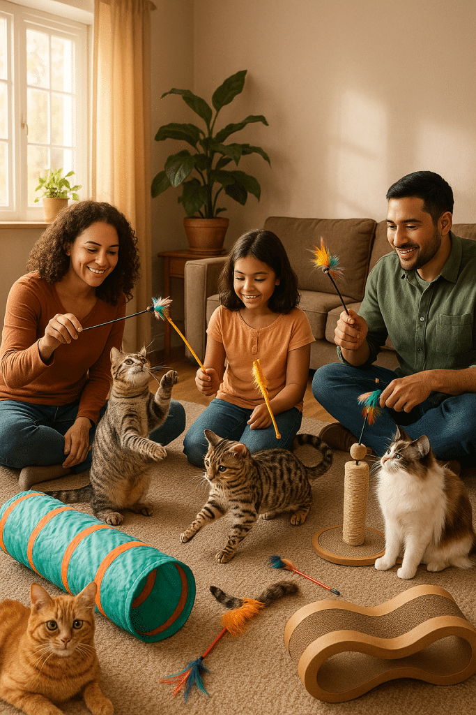Family enjoying cat enrichment ideas with diverse breeds playing happily indoors