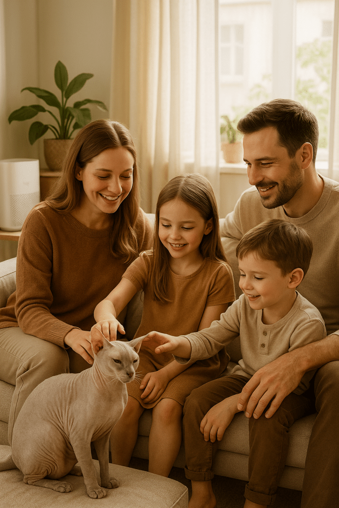 Family enjoying time with a hypoallergenic cat in a clean, allergy-friendly home environment