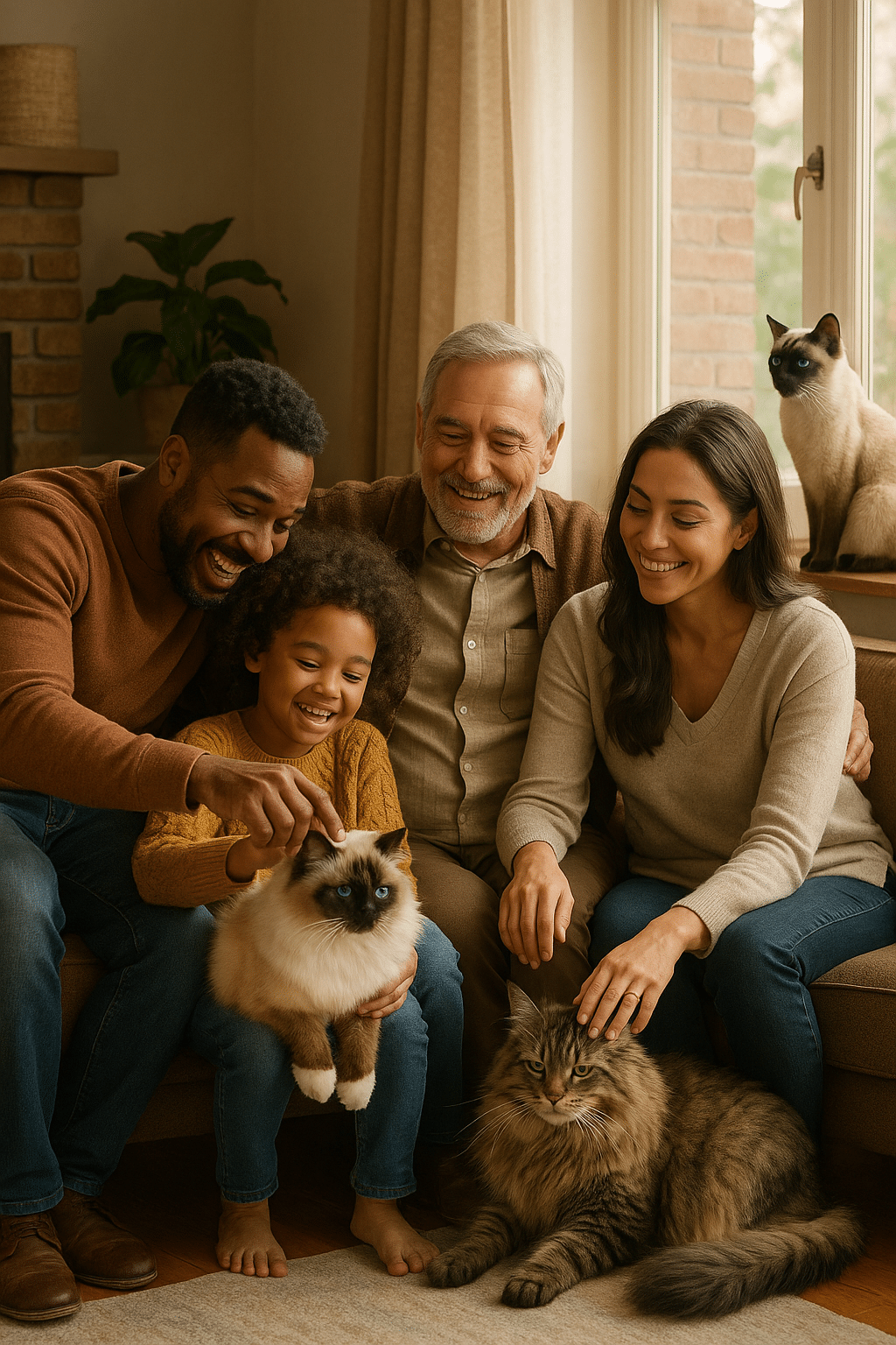 Family enjoying time with affectionate cat breeds like Ragdoll Maine Coon and Siamese