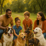 Family enjoying time with large dog breeds in a park, symbolizing ideal pets and training for families.