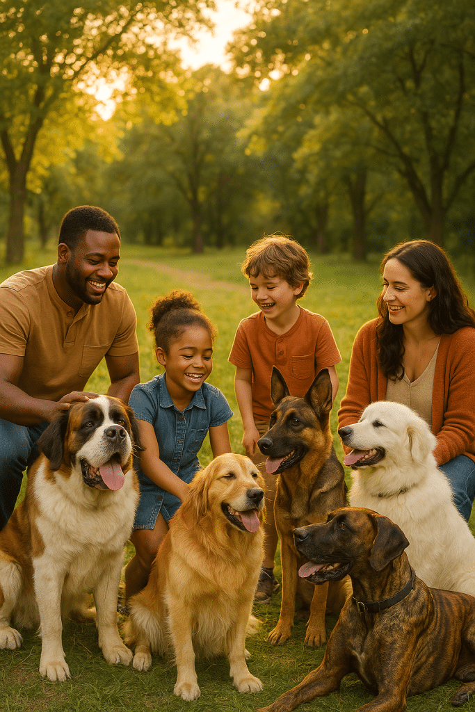 Family enjoying time with large dog breeds in a park, symbolizing ideal pets and training for families.