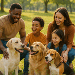 Family enjoying time with most popular dog breeds in a sunny park setting
