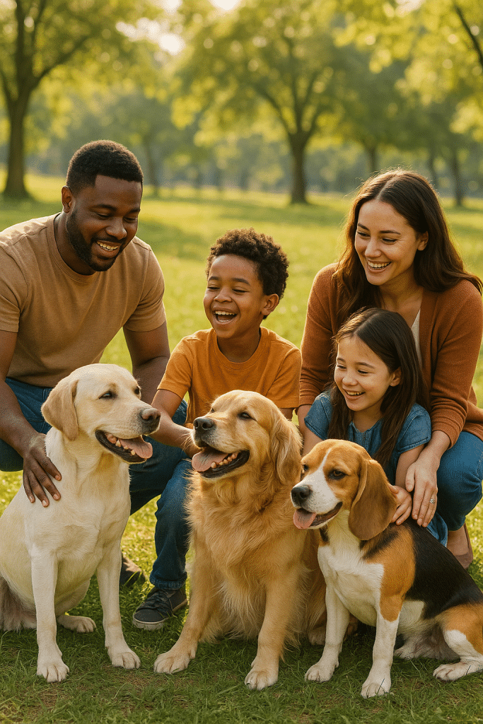 Family enjoying time with most popular dog breeds in a sunny park setting