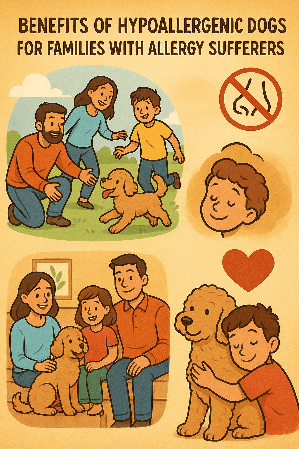 Family happily interacting with a hypoallergenic dog emphasizing allergy relief benefits for pet ow
