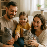 Family happily interacting with short haired cat breeds in a cozy home environment