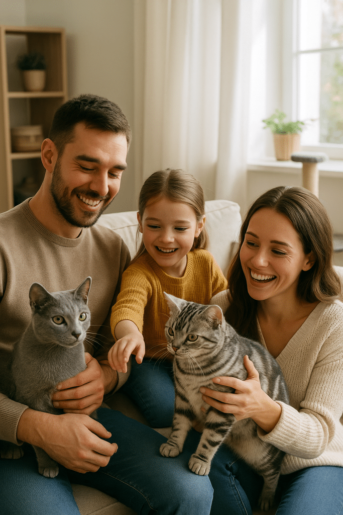 Family happily interacting with short haired cat breeds in a cozy home environment
