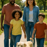 Family happily walking a low maintenance dog breed, ideal for busy pet owners and families