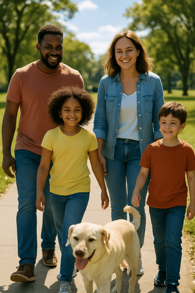 Family happily walking a low maintenance dog breed, ideal for busy pet owners and families