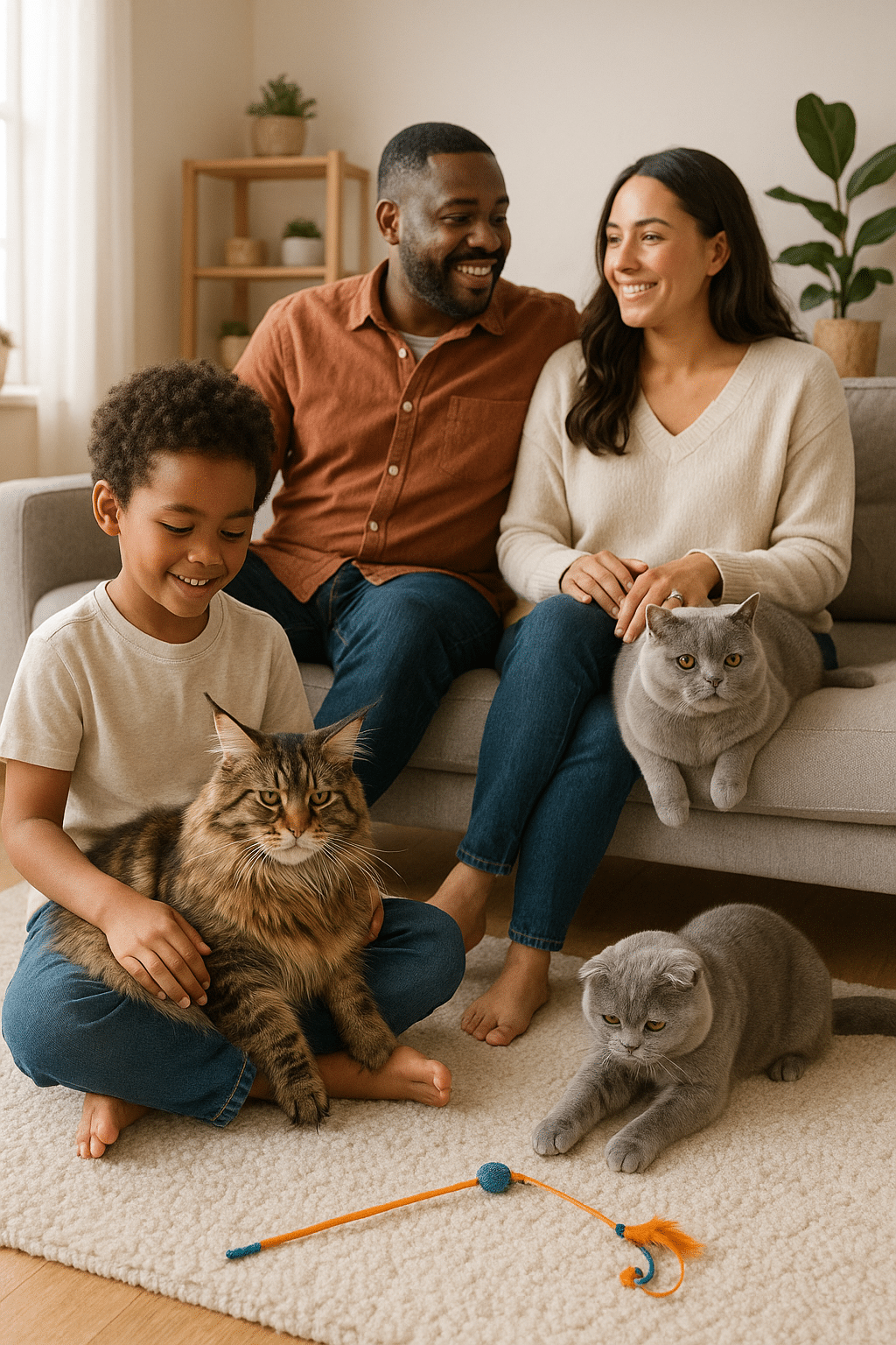 Family interacting with popular cat breeds in cozy home showing ideal living environments for pets