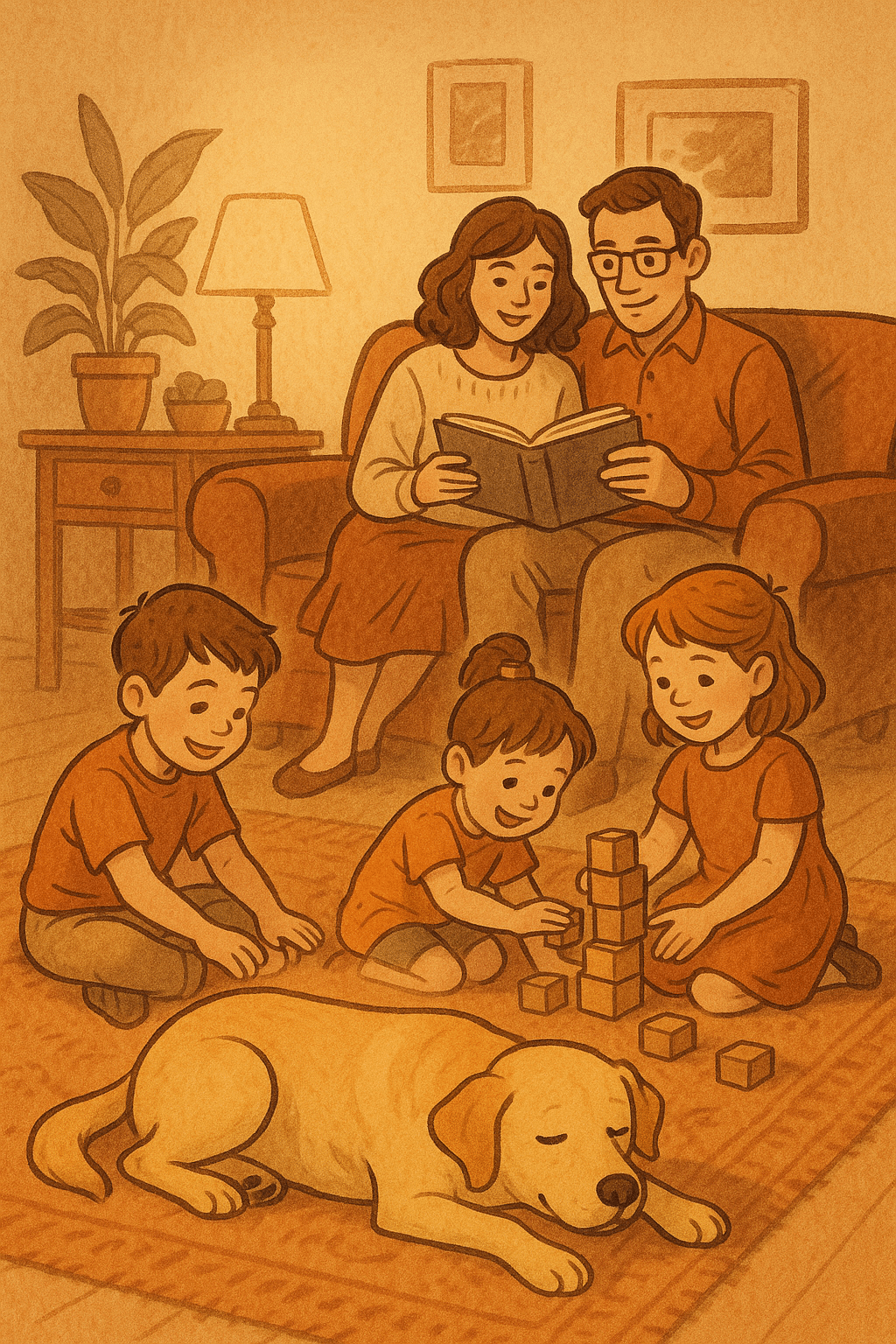 Family scene showing a calm low maintenance dog relaxing perfect for busy households