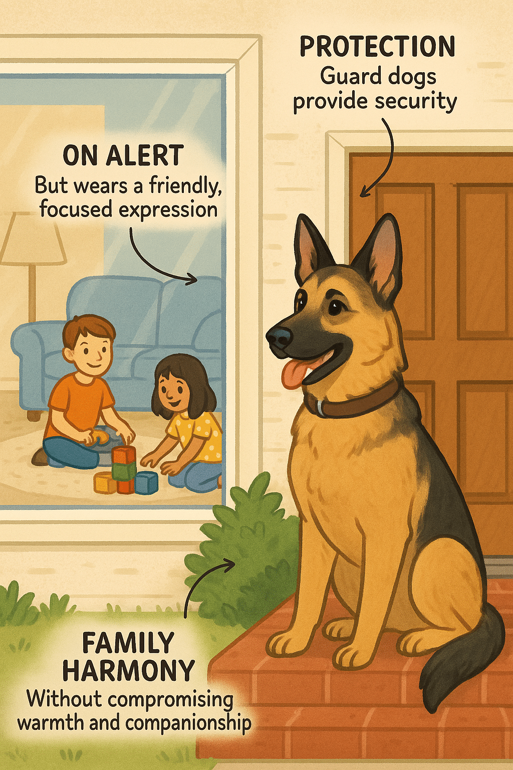 Family scene showing a guard dog breed protecting home while kids play safely indoors