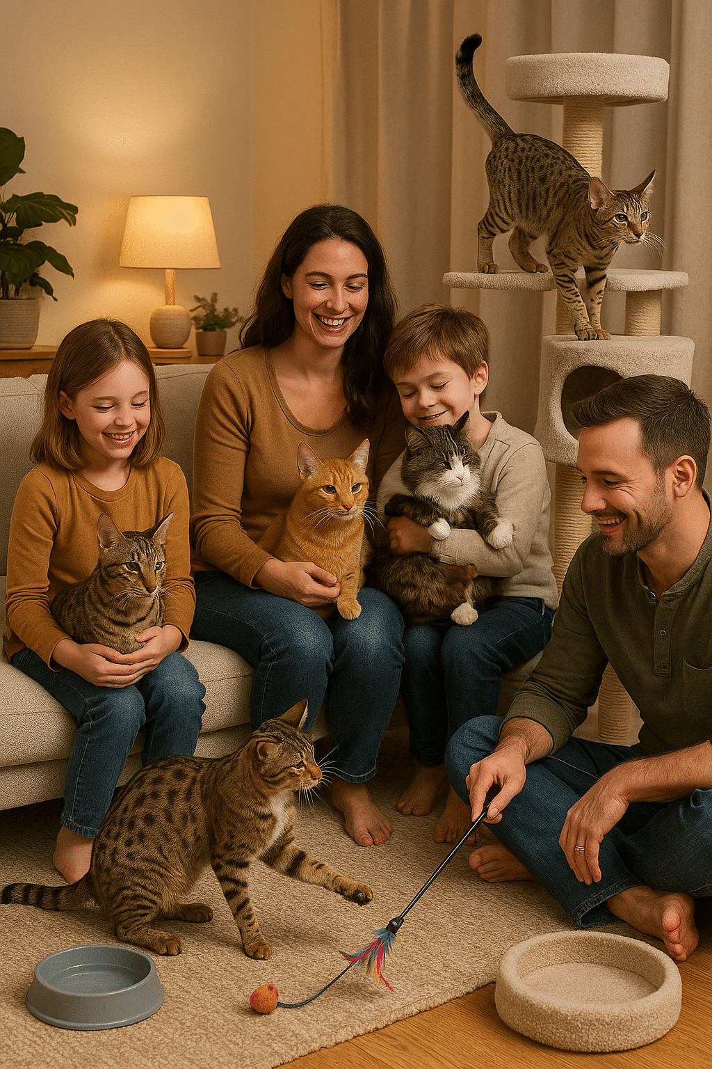 Family scene with rare cat breeds interacting with children in a pet friendly home