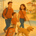 Family traveling with their dog, symbolizing joy and readiness for pet friendly vacations