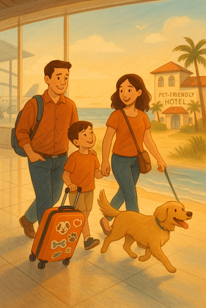 Family traveling with their dog, symbolizing joy and readiness for pet friendly vacations