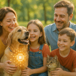 Family with happy pets symbolizing safety and care through microchipping pets