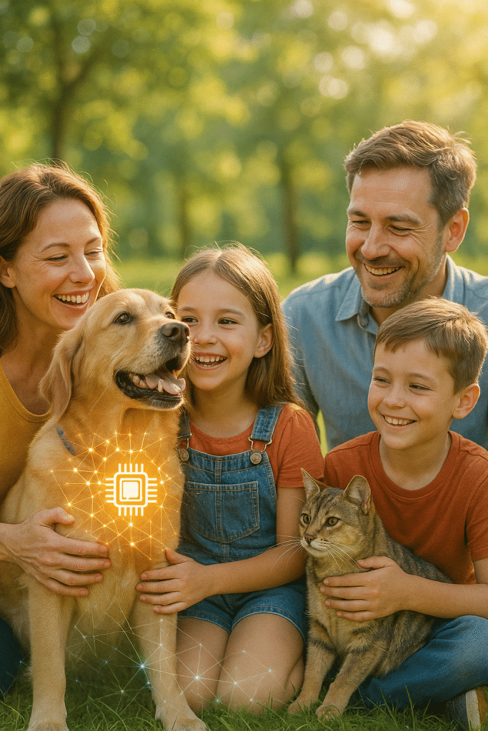 Family with happy pets symbolizing safety and care through microchipping pets