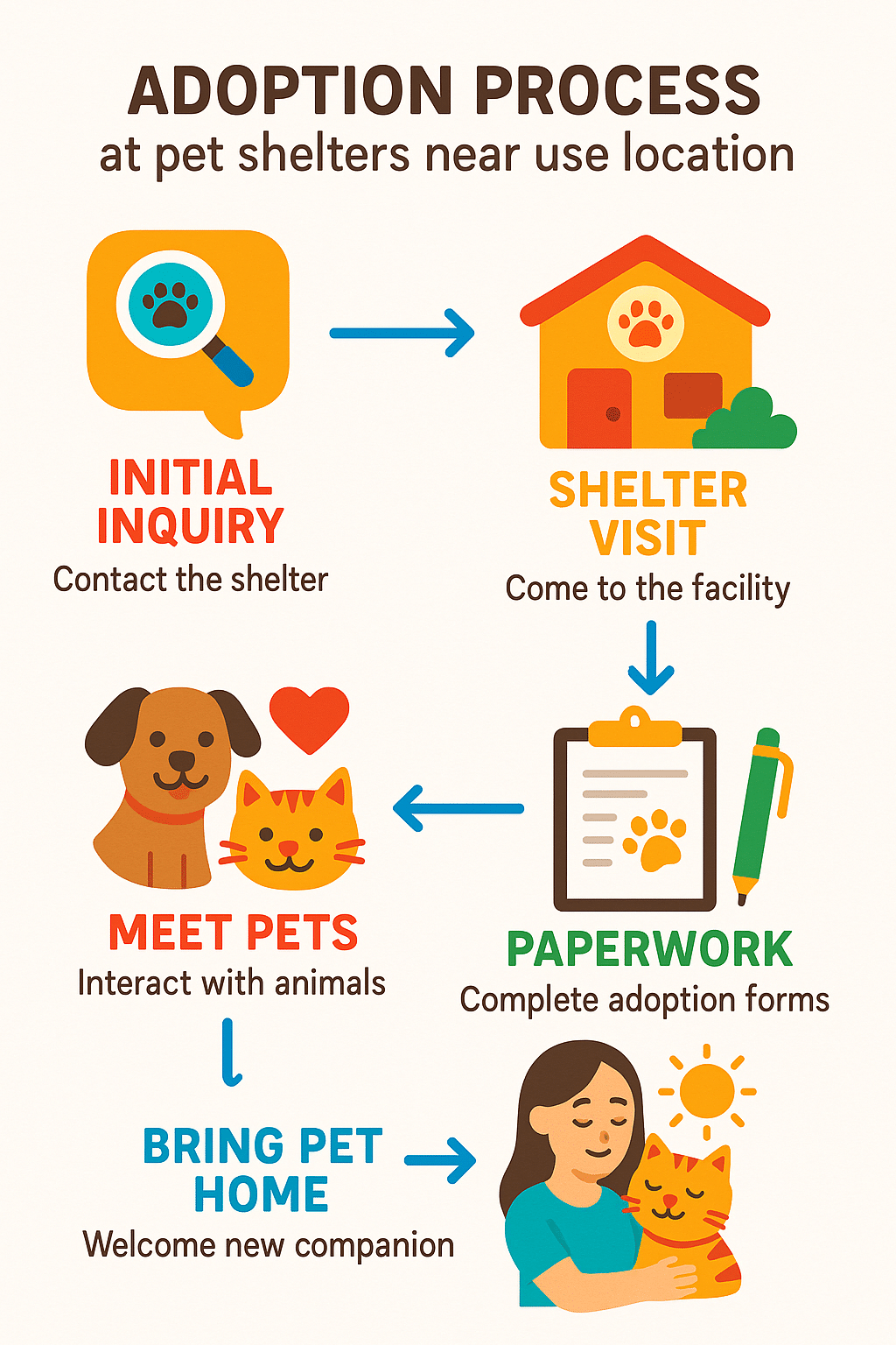 Flowchart explaining adoption process at pet shelters near me with icons