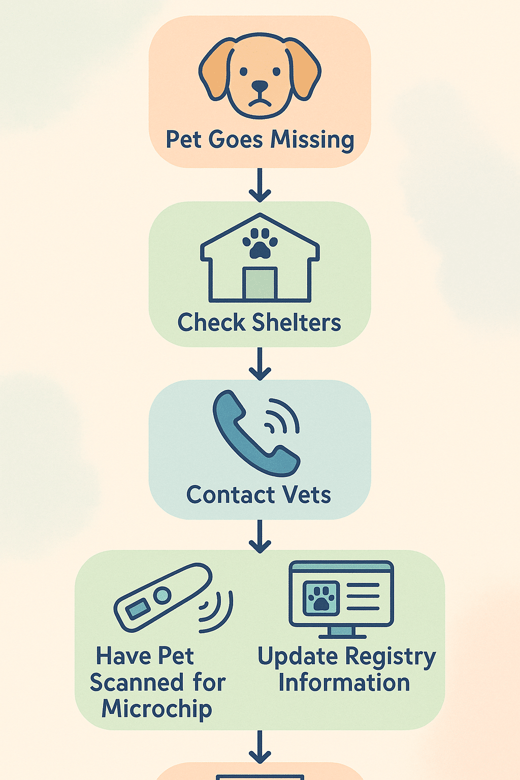 Flowchart guiding families on actions to take if a microchipped pet goes missing