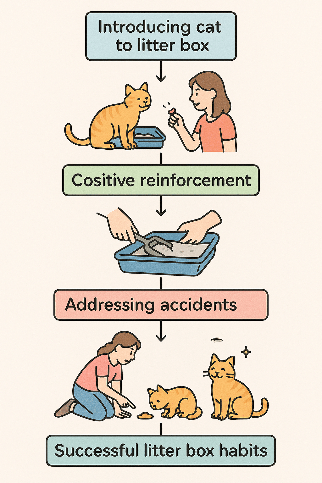 Flowchart outlining step by step litter box training cats process
