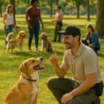 Friendly dog trainer working with happy dog outside symbolizing best dog trainers near me