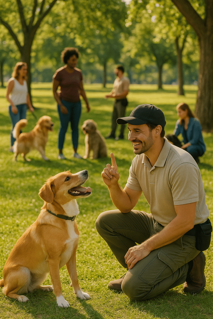 Friendly dog trainer working with happy dog outside symbolizing best dog trainers near me