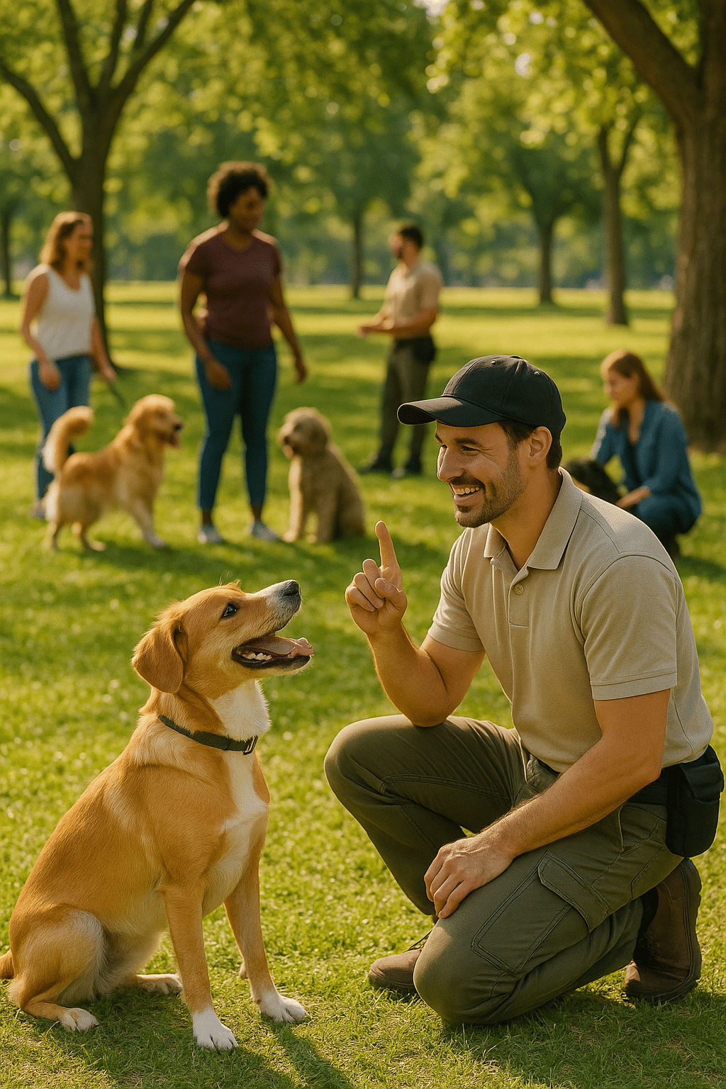 Friendly dog trainer working with happy dog outside symbolizing best dog trainers near me