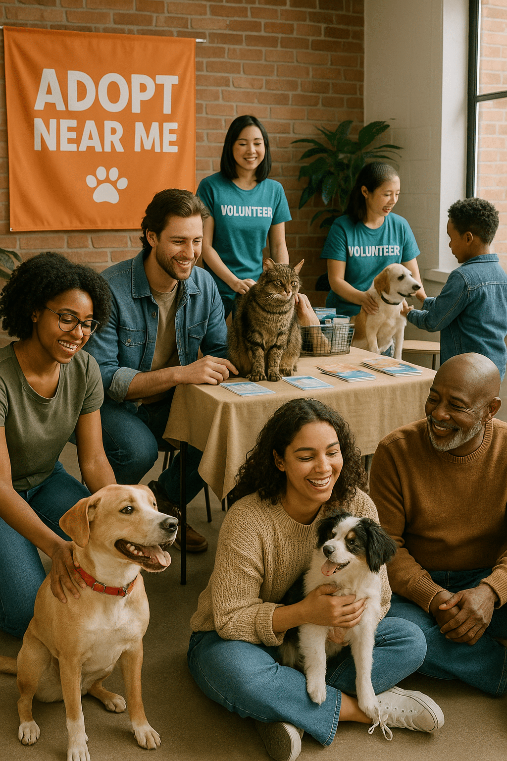 Friendly pet adoption meet and greet event near me with volunteers and diverse potential adopters