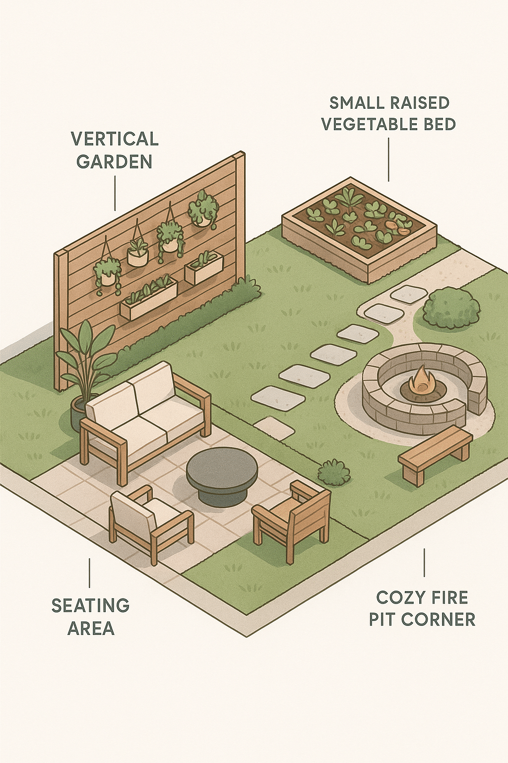 Functional small backyard design layout highlighting seating vertical garden veggie bed and fire