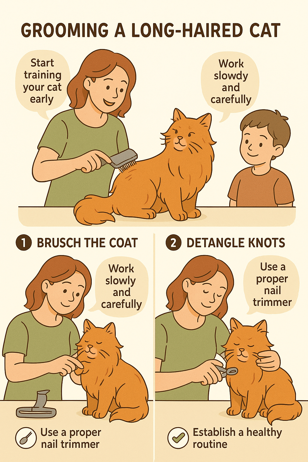 Grooming and training tips illustrated for long haired cat breeds pet owners