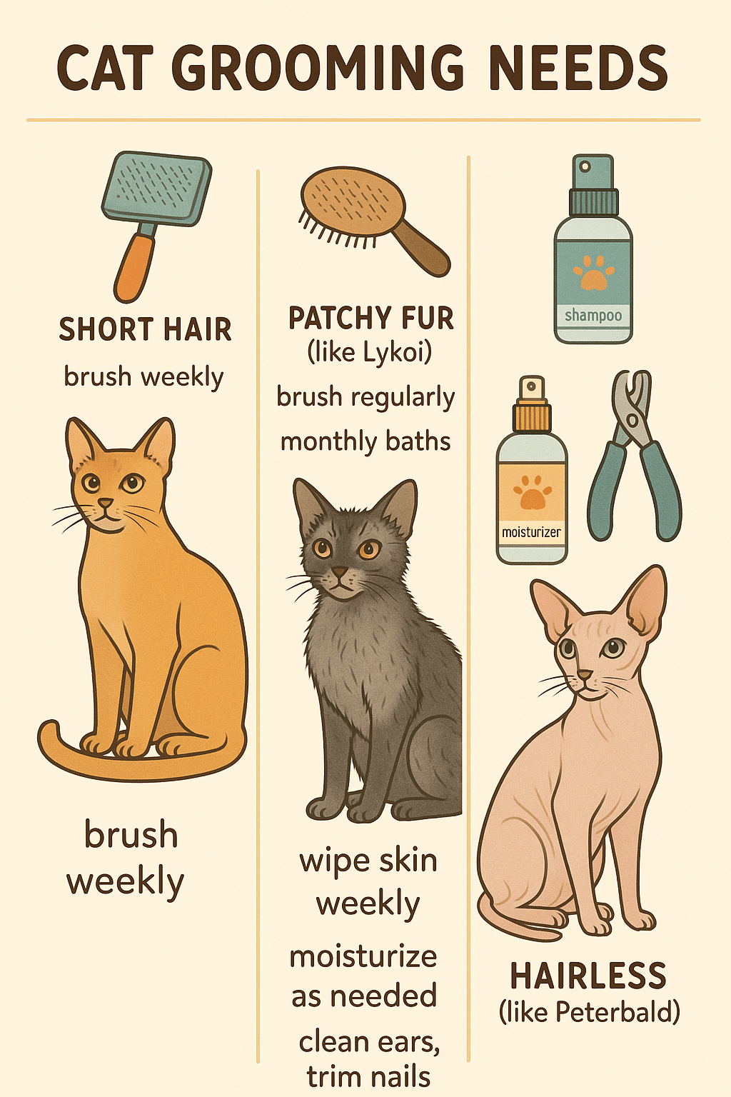 Grooming care chart displaying rare cat breeds and their unique maintenance needs
