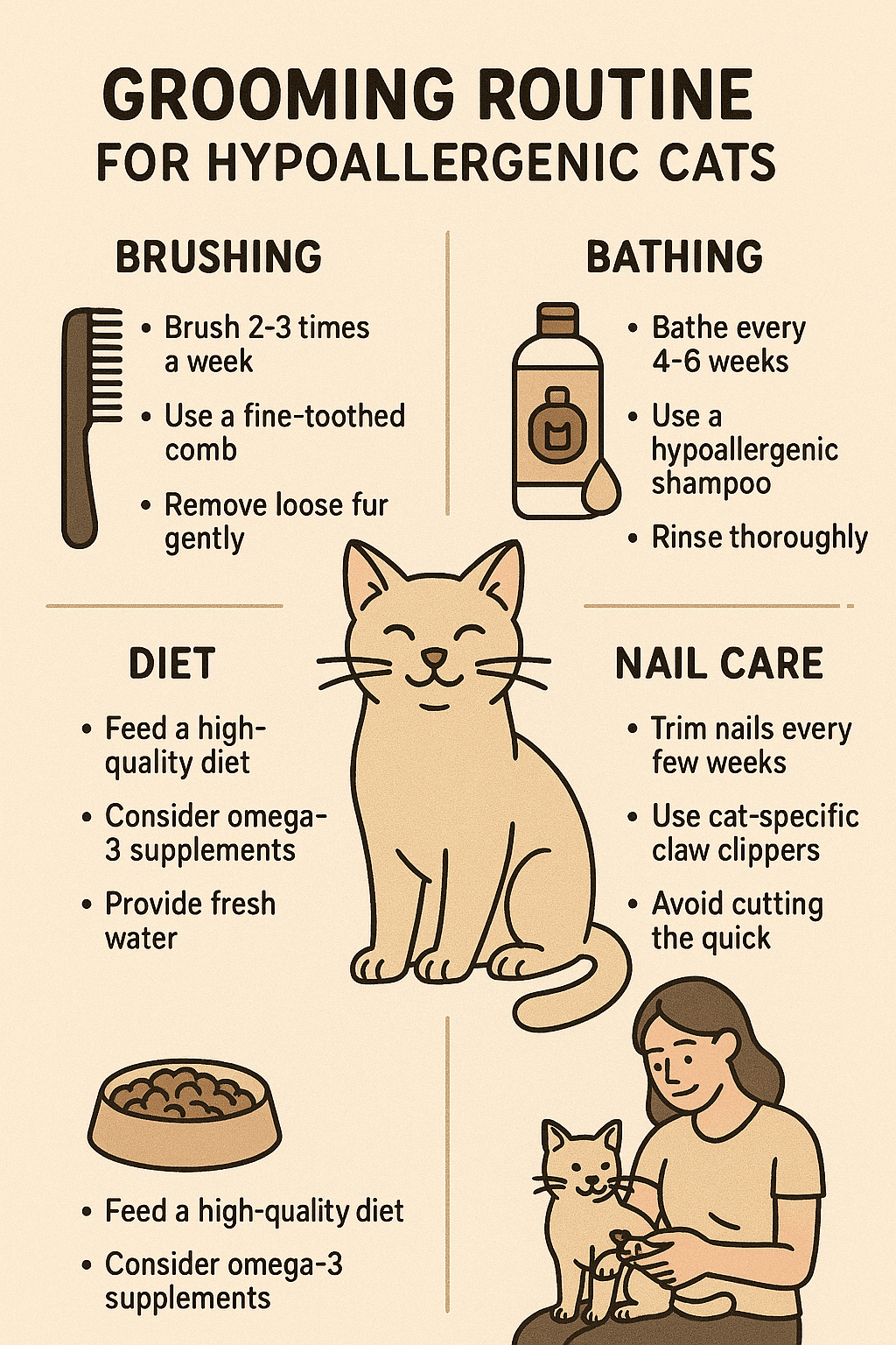 Grooming routine infographic for maintaining hypoallergenic cats for pet owners and families
