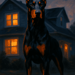 Guard dog breed standing guard in front of family home symbolizing protection and security