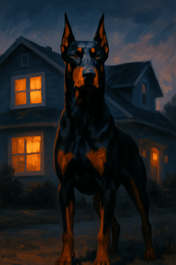 Guard dog breed standing guard in front of family home symbolizing protection and security