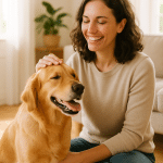 Happy calm dog with owner in peaceful home illustrating how to stop dog barking for pet owners.