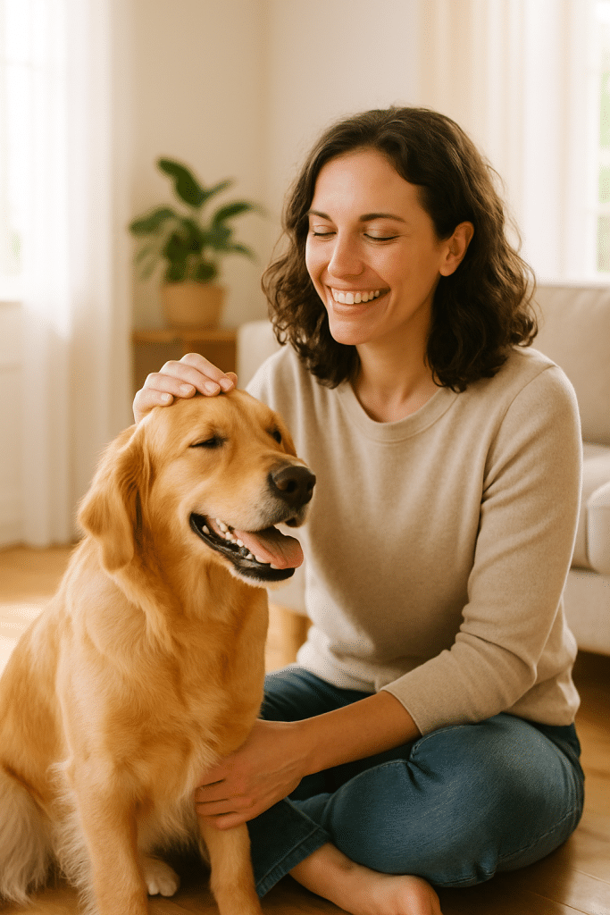 Happy calm dog with owner in peaceful home illustrating how to stop dog barking for pet owners.
