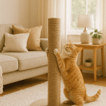 Happy cat using a cat scratching post in cozy home for pet owners seeking care tips and local services