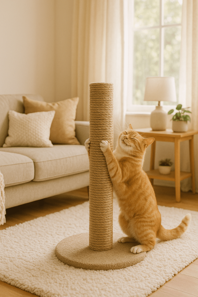Happy cat using a cat scratching post in cozy home for pet owners seeking care tips and local services