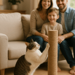 Happy cat using scratching post to stop cat scratching furniture in peaceful family home