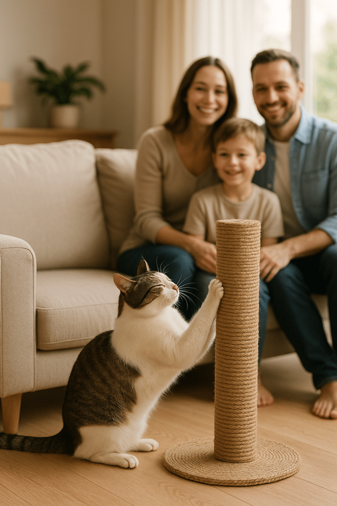 Happy cat using scratching post to stop cat scratching furniture in peaceful family home