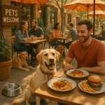 Happy dog and owner dining together at pet friendly restaurants near me outdoor setting