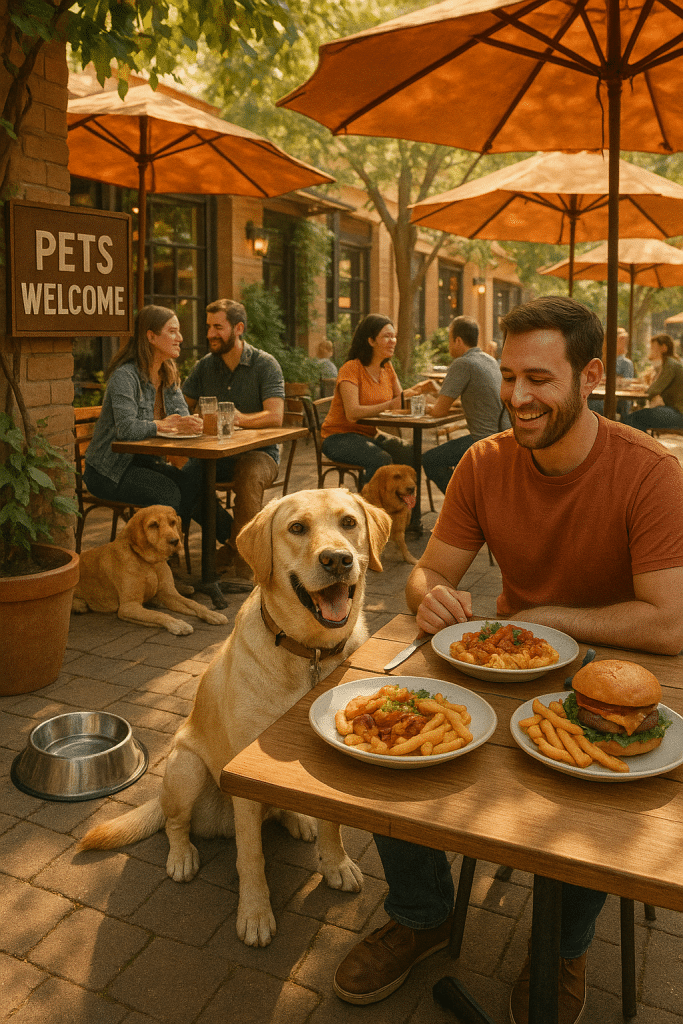 Happy dog and owner dining together at pet friendly restaurants near me outdoor setting