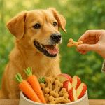 Happy dog with bowl of healthy dog treats being offered by pet owner in natural setting