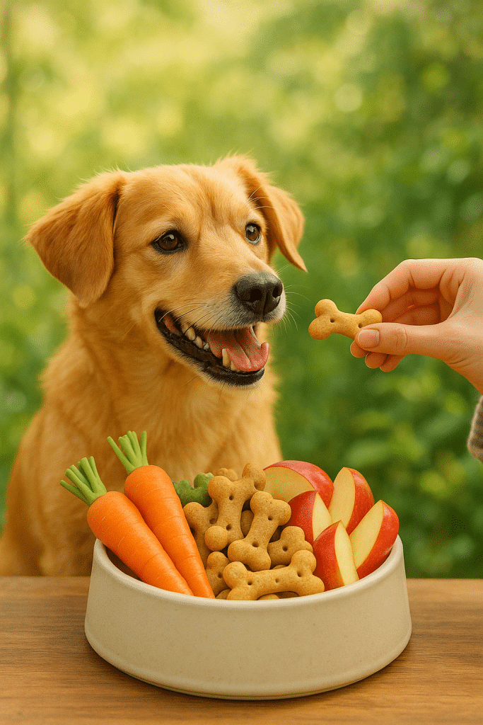 Happy dog with bowl of healthy dog treats being offered by pet owner in natural setting