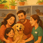 Happy family adopting dog from pet shelters near me at friendly welcoming facility