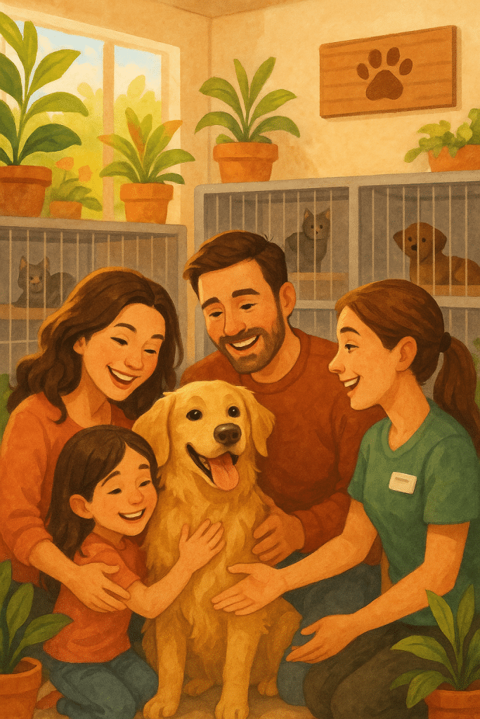 Happy family adopting dog from pet shelters near me at friendly welcoming facility