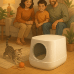 Happy family and kitten beside a clean litter box illustrating litter box training cats success.