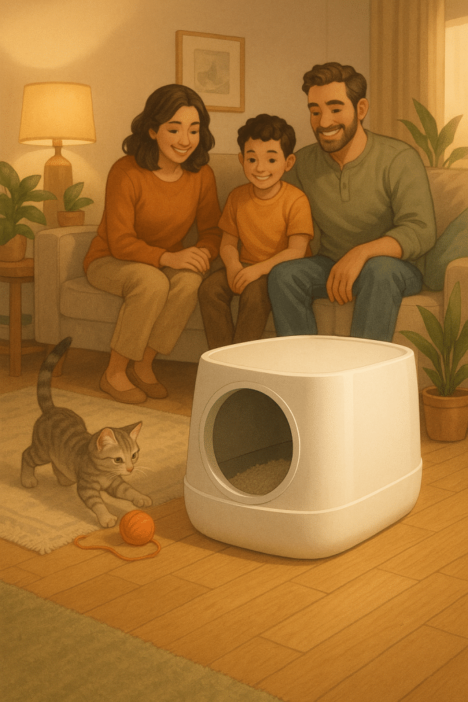 Happy family and kitten beside a clean litter box illustrating litter box training cats success.